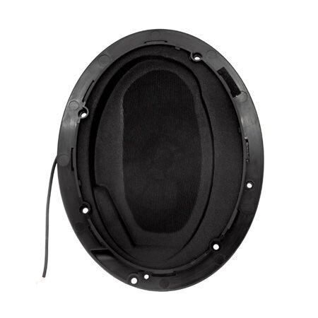 Black oval molded plastic housing with central loudspeaker and baffle with holes at various points for affixing and one cable
