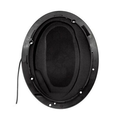 Black oval molded plastic housing with central loudspeaker and baffle with holes at various points for affixing and one cable