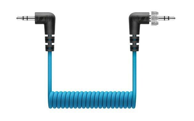 Sennheiser Short blue cable adapter with coiled section and two small jacks one being threaded on a white background