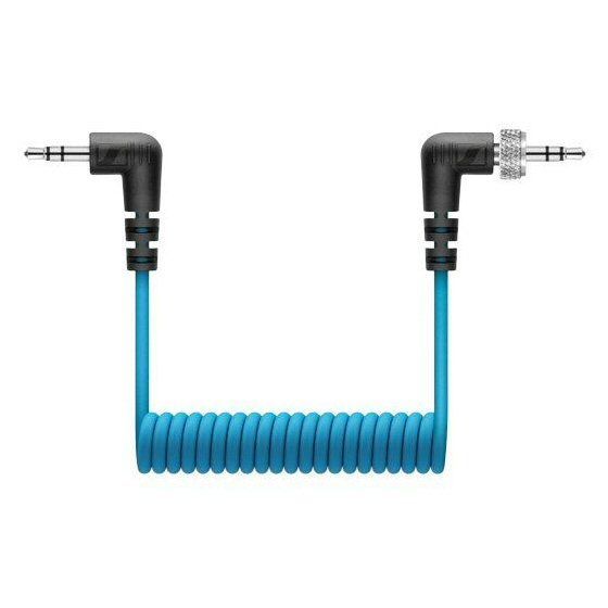 Sennheiser Short blue cable adapter with coiled section and two small jacks one being threaded on a white background