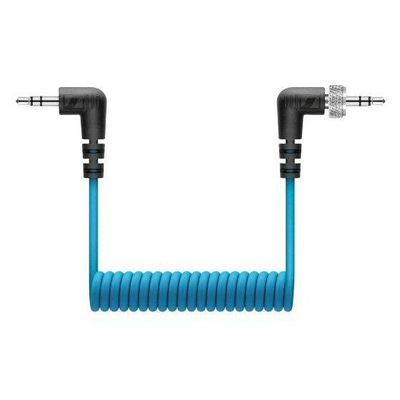CL 35 TRS Cable for MKE 200 and MKE 400 Sennheiser Short blue cable adapter with coiled section and two small jacks one being threaded on a white background