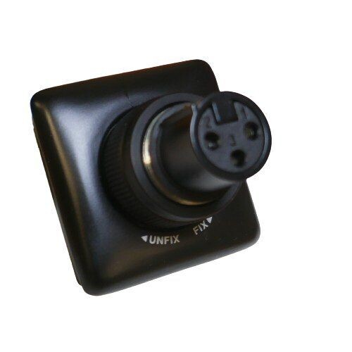 Black metal flange plate with round locking ring on a and xlr3f connector with text Fix and unfix accompanied by direction