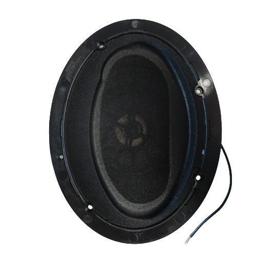 Black oval molded plastic housing with central loudspeaker and baffle with holes at various points for affixing and one cable