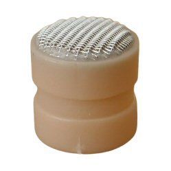Beige thimble shape object with wire mesh grill top for a Sennheiser personal microphone