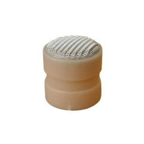 Beige thimble shape object with wire mesh grill top for a Sennheiser personal microphone