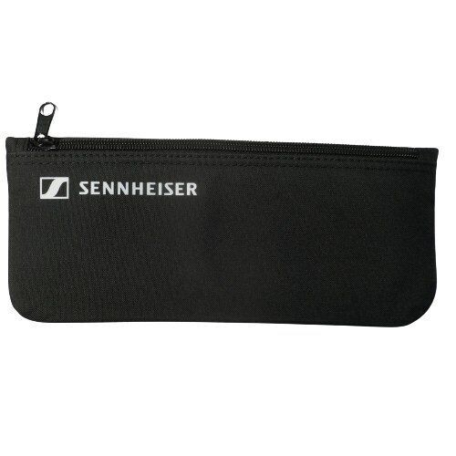 Sennheiser soft black nylon material bag with white printed Sennheiser name and logo showing top zip pull on white background
