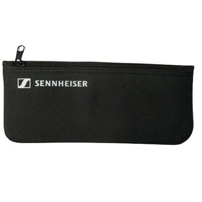Sennheiser soft black nylon material bag with white printed Sennheiser name and logo showing top zip pull on white background