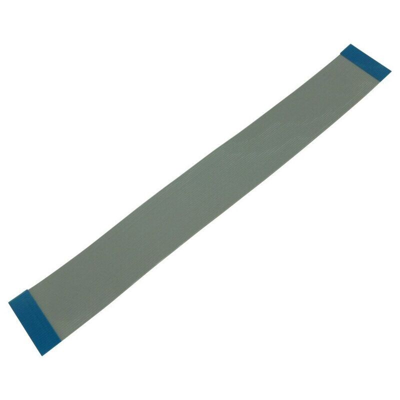 Grey electrical ribbon cable with thirty conductors and blue coloured connection area at each end o…