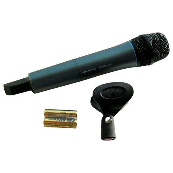 Black Sennheiser SKM XSW 825 Handheld microphone complete with clamp and AA batteries against a white background
