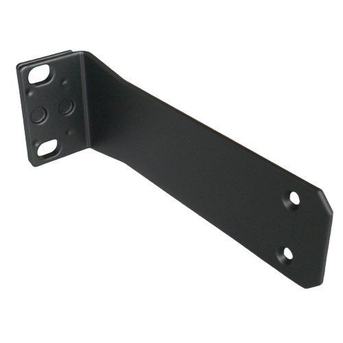 Black right angle metal bracket with 1U rack mounting holes on a lug and two holes for affixing to side of apparatus
