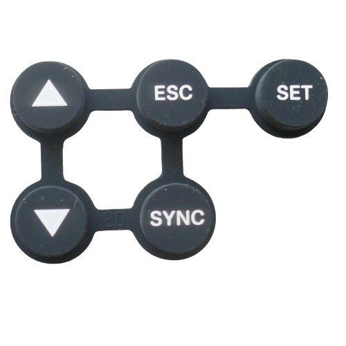 Molded section of 5 buttons showing up down arrows escape, set and sync on a white background