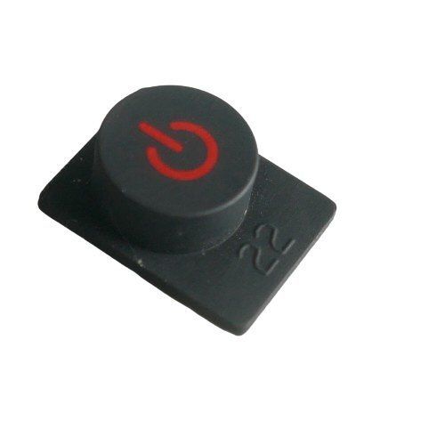 Front view molded knob cover in grey with red screen printed circle broken at top by a vertical line for the on off symbol