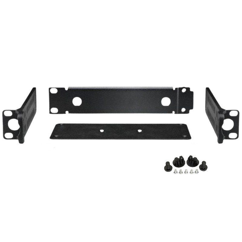 Black metal side, front and lower mounting panels with 19 inch 1U height rack lugs and screw set on a white background