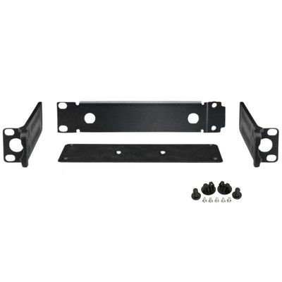 GA 3 19 Black metal side, front and lower mounting panels with 19 inch 1U height rack lugs and screw set on a white background