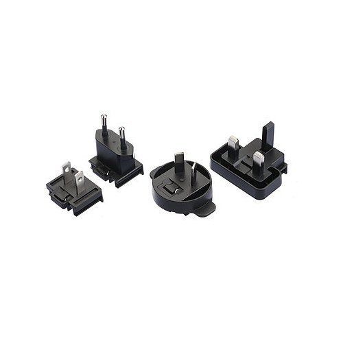 Four black faceplates for a power adapter including UK, US, EU and Australian formats on a white background   