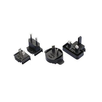 NT6 Adapter Set Four black faceplates for a power adapter including UK, US, EU and Australian formats on a white background