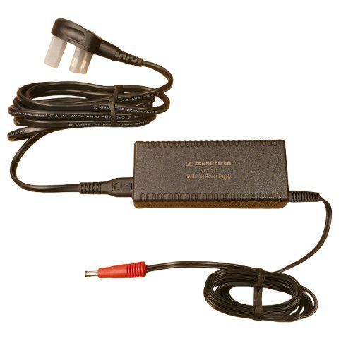Power supply NT 3-1 UK for AC3 and L2015 Sennheiser brick shaped power adapter AC DC with red DC plug at the end and a non captive mains lead on a white background