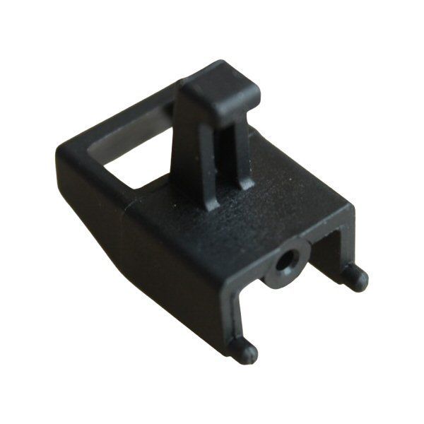 Black plastic molded cable clamp in the shape of a mini sled with a black plastic straight edged hook on it's top