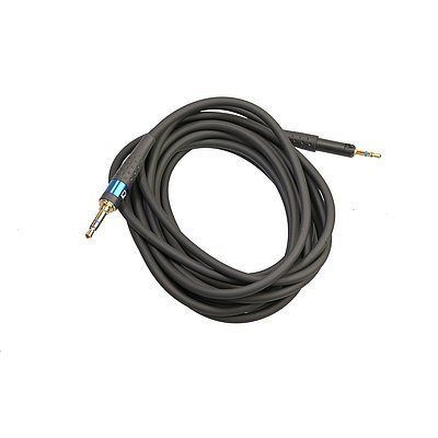 Headphone connecting cable straight black, stored in a coil, with audio jack plugs at either end on a white background  