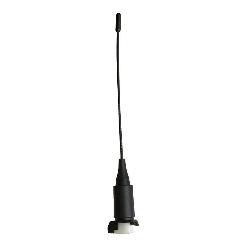Black whip antenna with top black cap and lower cylindrical base with white mounting leg and contact pin on white background
