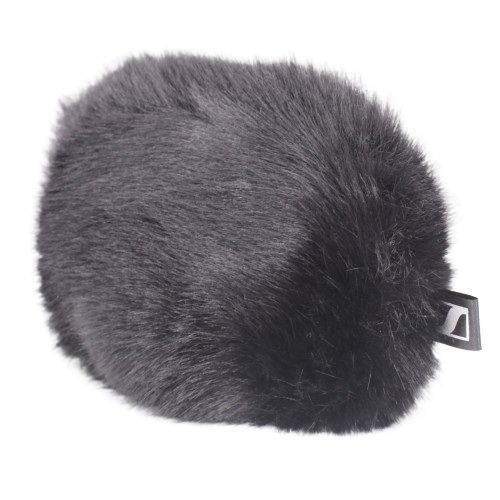 MZH 200 black synthetic fur windshield jammer with Sennheiser label for MKE 200 microphone shown on a white background