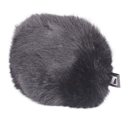 MZH 200 black synthetic fur windshield jammer with Sennheiser label for MKE 200 microphone shown on a white background