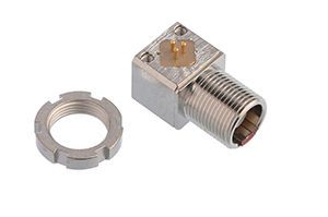 Shiny metal connector with 3 contact pins on top and a threaded section next to a slotted locking ring 