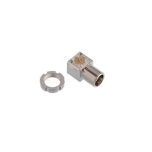 Shiny metal audio connector with 3 solder contacts pins for a PCB  and a threaded section next to a slotted locking ring