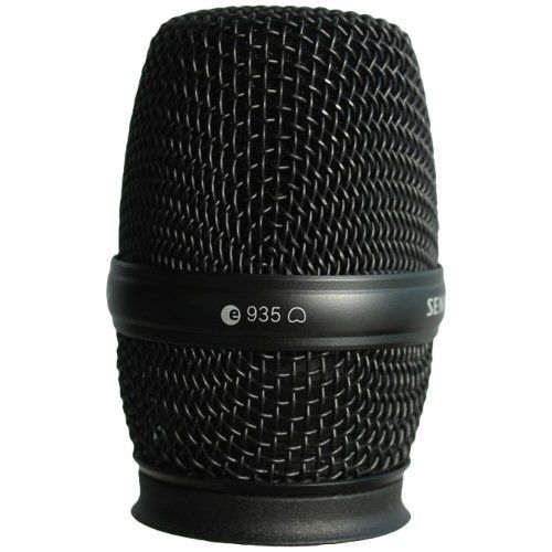 Black wire mesh mic basket containing a MMD 935 capsule with round plastic protector on base all shown on a white background