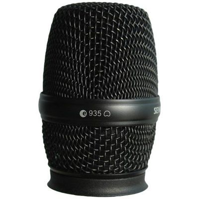 Black wire mesh mic basket containing a MMD 935 capsule with round plastic protector on base all shown on a white background