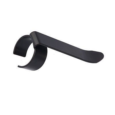 Black metal mic clip in the shape of a pen pocket clip shown on a white background 