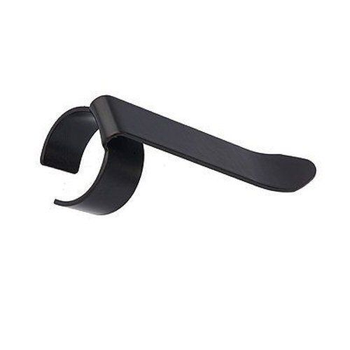 Black metal mic clip in the shape of a pen pocket clip shown on a white background