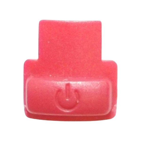 Small red plastic molded button cap with on off schematic representation horseshoe shape with vertical line in open end