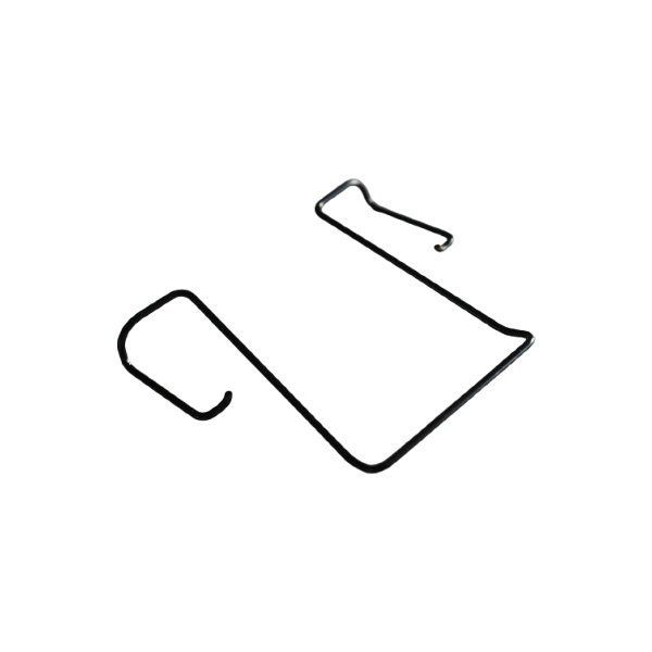 3d angled view of U shaped metal belt clip with squarish flourished hook ends on a white background