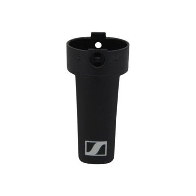 Black plastic type molded turret shape cover with single fixing hole and  Sennheiser stylised "S" logo on a white background 