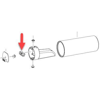 Partila Sennheiser exploded diagram with one red arrow show componet location on a mic cover section on a white background