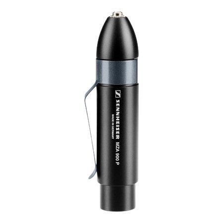 Balck Pen top shape looking device with Sennheiser and MZA 900P printed on side with metal pocket clip on a white background