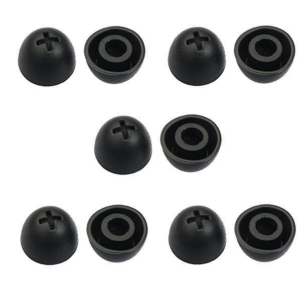ten black rubber like ear inserts for Sennheiser Tourguide HDE2020-D headsets shown in three lines alternating front and back