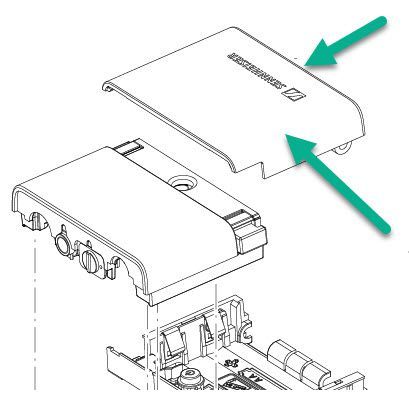 Sennheiser partial exploded diagram with to green arrows showing location of battery cover for EW-DX SK on white
