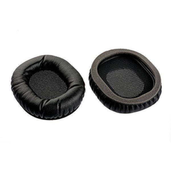 Two black HMD27 padded vinyl ear cushions one front view the other showing rear view with central foam infills 