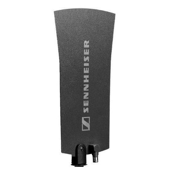 Black Sennheiser paddle antenna A 1031-U with a bracket for a mic stand and showing bnc connector on a white background