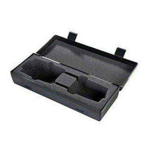Hard black plastic hinged case shown open with two black catches and foam inserts with cut-outs for…