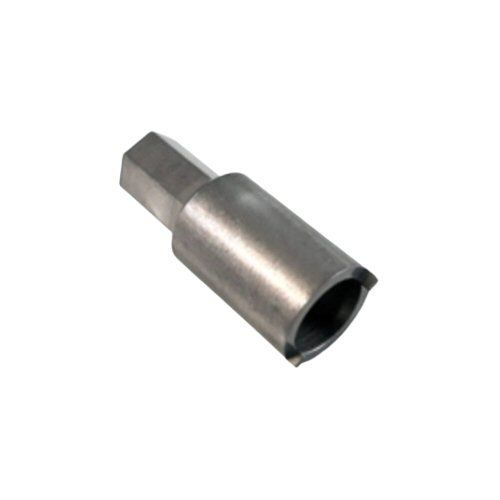 Metal tool with wrench fitting at top and a machined surface on bottom rim for removing the volume pot on Sennheiser product