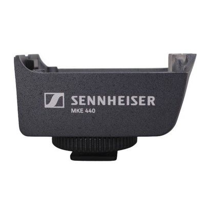 Black plastic housing unit with hot shoe for MKE 440 showing Sennheiser logo on a white background