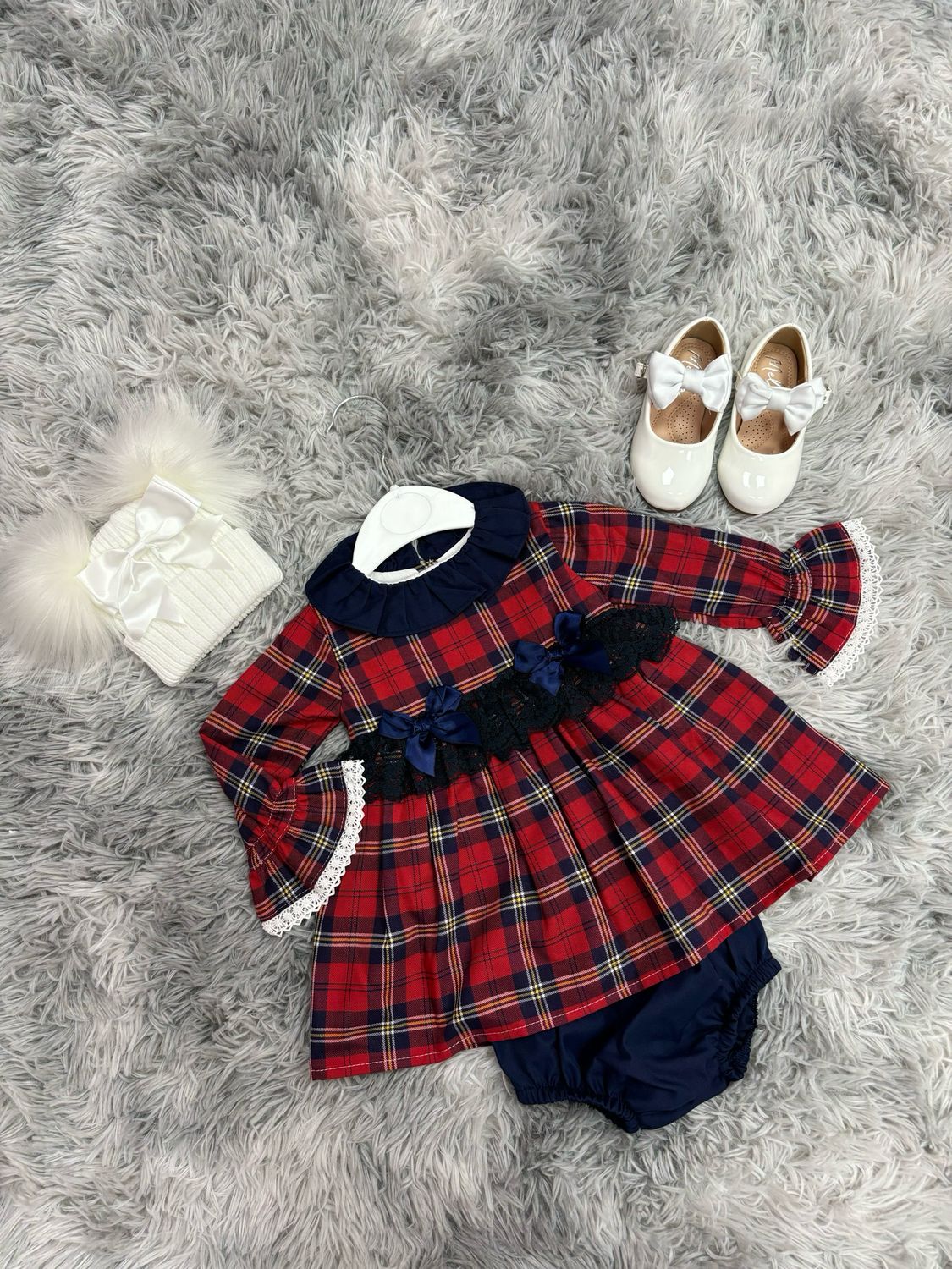 Navy Tartan Frill Sleeve Dress And Bloomer