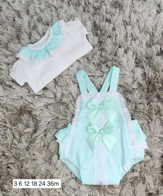 Mint Double Bow Romper And Shirt