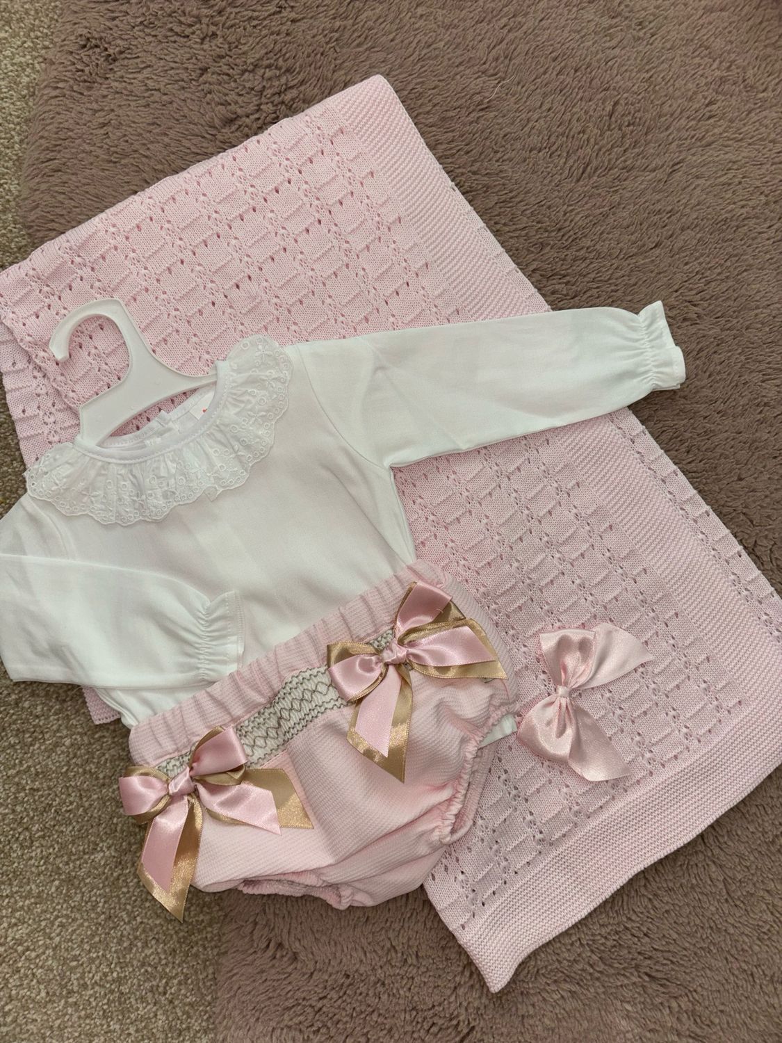 Pink And Beige Double Bow Jam Pant And Shirt