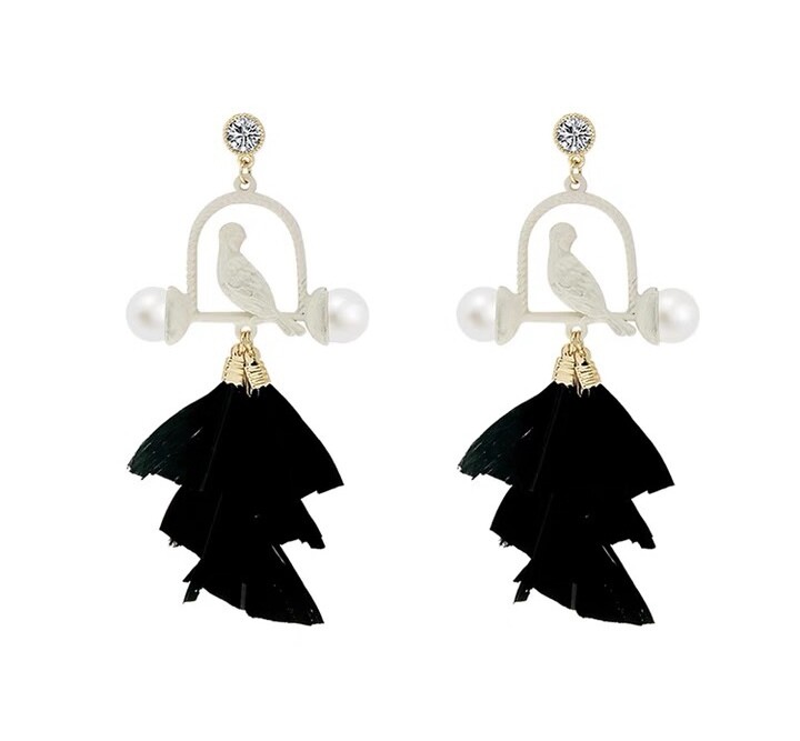White bird cage with black tassel earrings