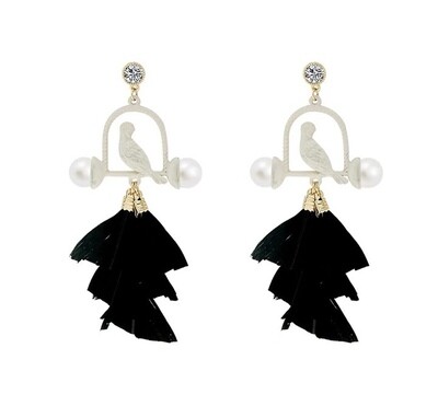 White bird cage with black tassel earrings