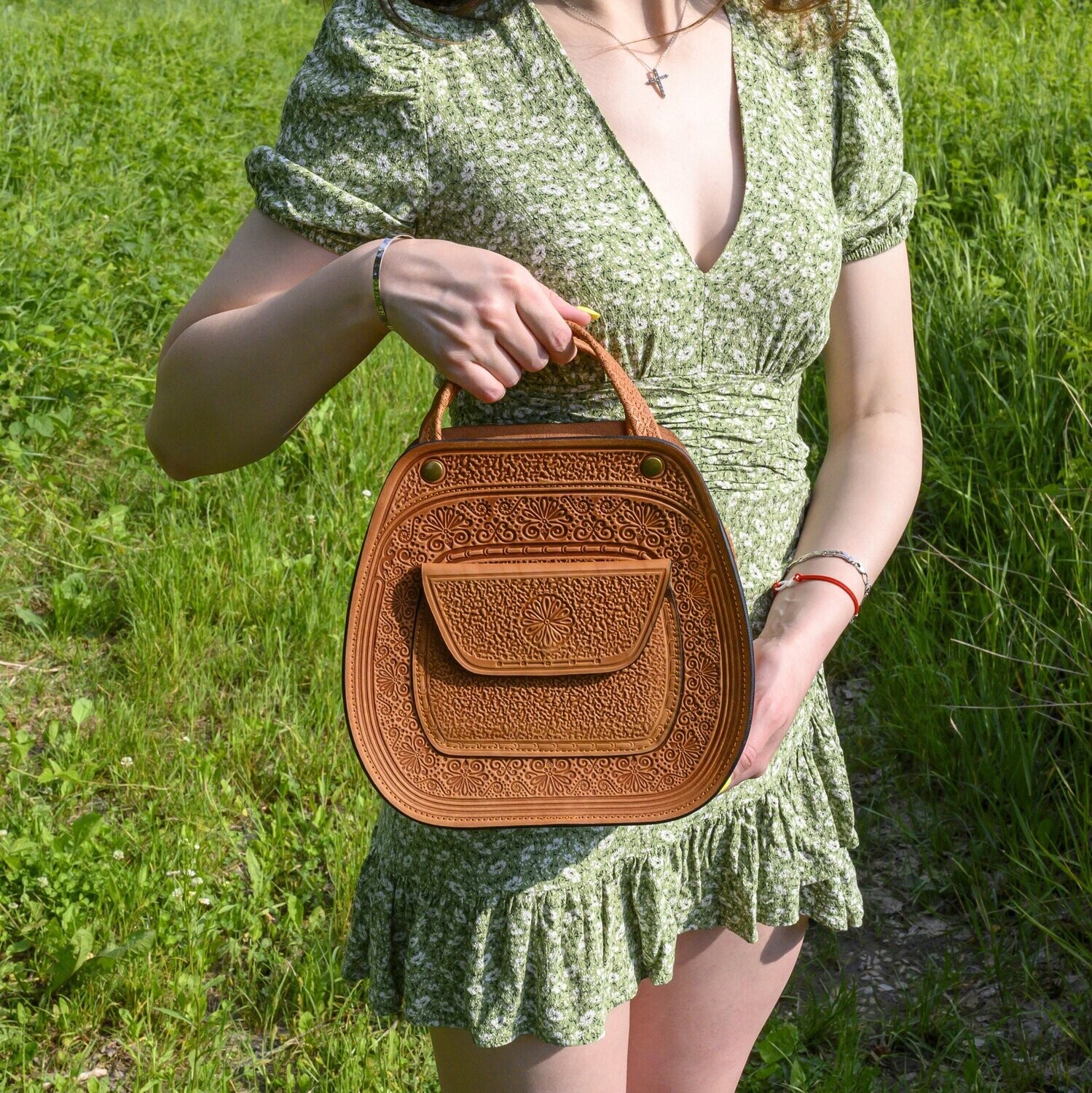 FAЇNA Campanula - Handcrafted Embossed Genuine Leather Handbag / Crossbody Purse